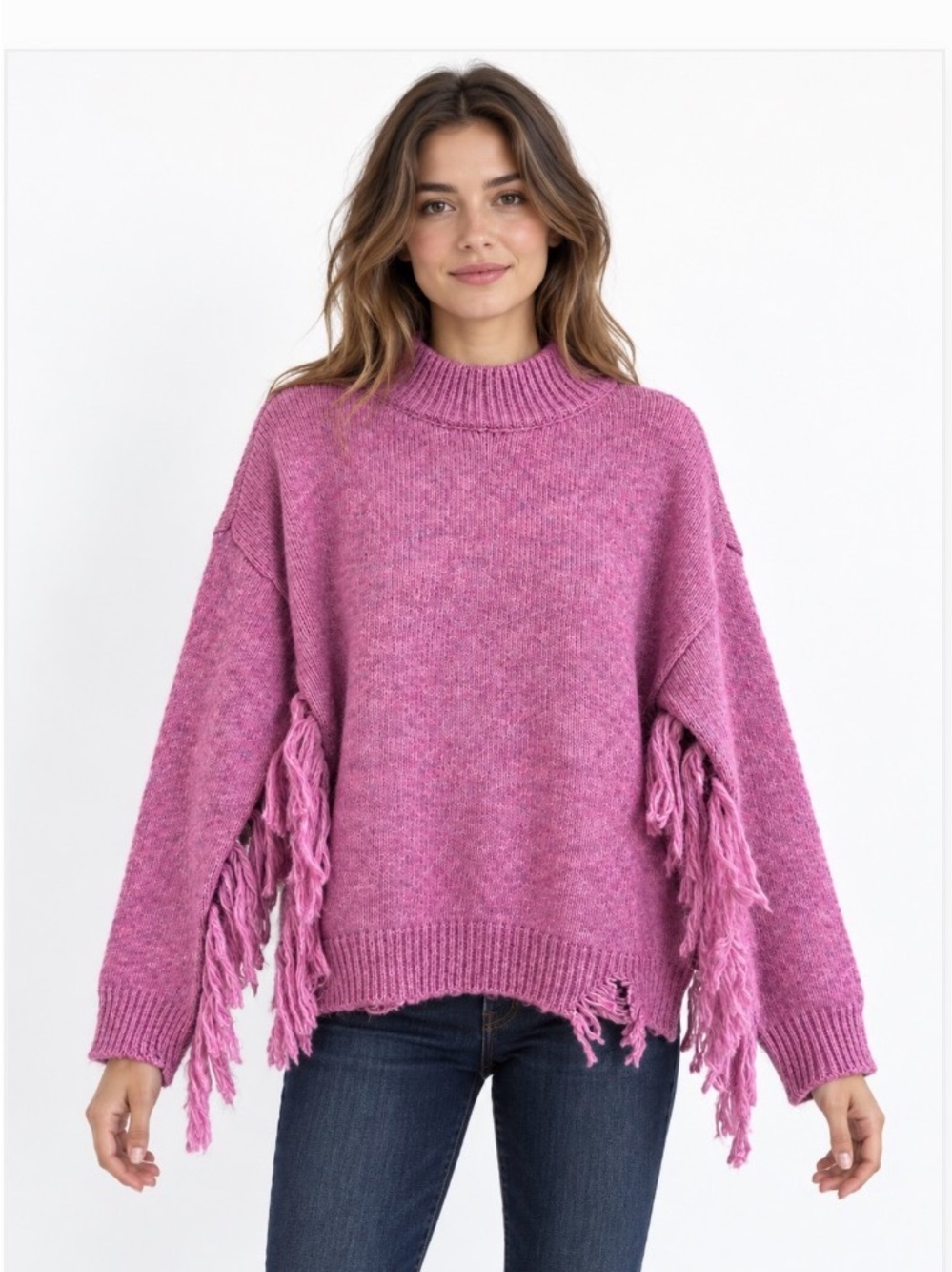 Chelsea & Violet Pink Distressed Fringe Sleeve Sweater XL NWT